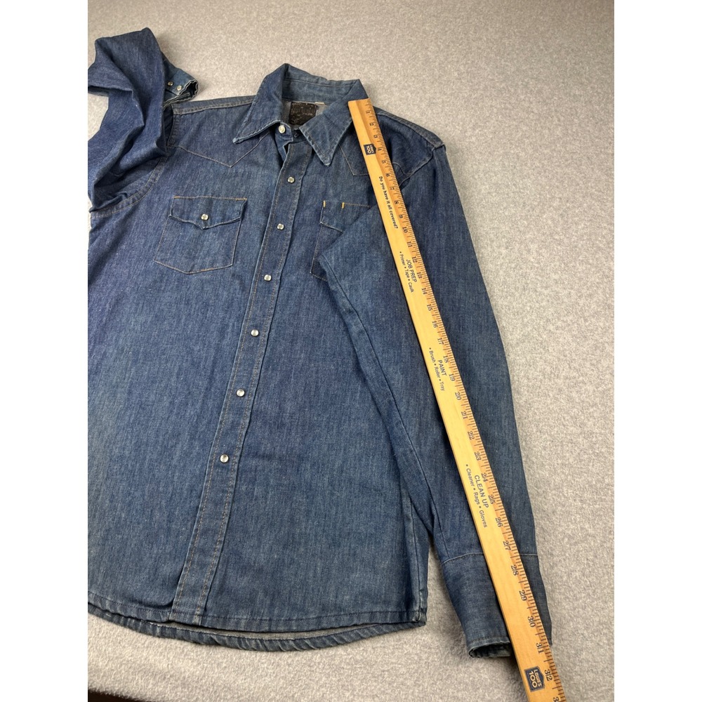 Vintage 70s Sears Roebucks Western Denim Shirt Mens Large 16 Blue Pearl Snap - Picture 7 of 8